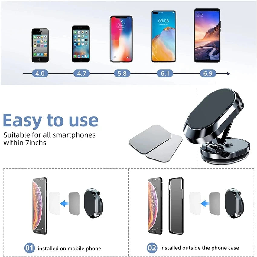حامل هاتف مغناطيسي دوار للسيارة 1080 درجة، حامل هاتف ذكي مغناطيسي قابل للطي، بنظام تحديد المواقع، لهواتف آيفون وسامسونج وشاومي