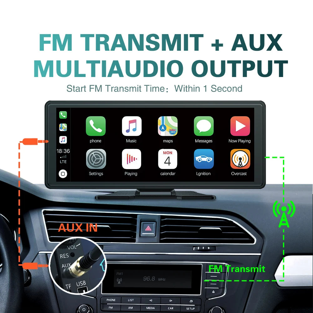 راديو سيارة لاسلكي يدعم CarPlay و Android Auto، مشغل مرآة محمول عالمي، صوت بلوتوث، ستريو AUX، يدعم Apple أو Android، مقاس 10.26 بوصة