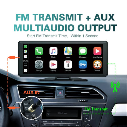 راديو سيارة لاسلكي يدعم CarPlay و Android Auto، مشغل مرآة محمول عالمي، صوت بلوتوث، ستريو AUX، يدعم Apple أو Android، مقاس 10.26 بوصة