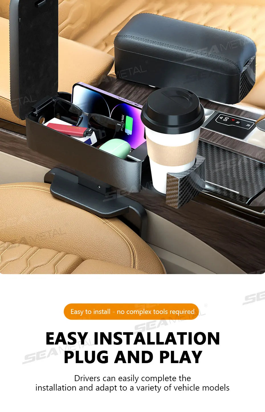 SEAMETAL-Boîte de rangement pour bras de voiture réglable, support de coude, boîte de console centrale avec porte-gobelet GNE, évaluation de charge recommandée