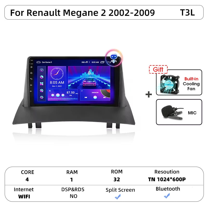 Android Carplay Auto pour Renault Megane 2 2002 2003 2004 2005 2006 2007 2008 2009 lecteur d'autoradio multimédia WIFI + 4G stéréo