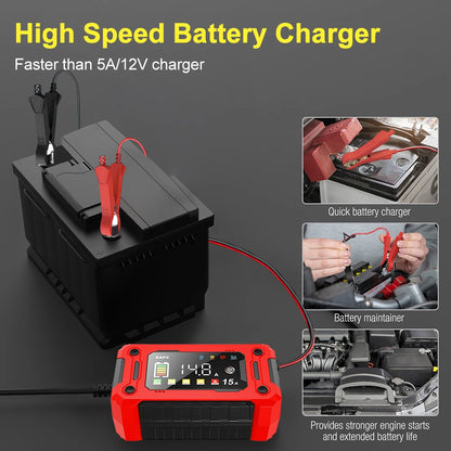 Le plus récent chargeur de batterie de voiture 12V 15A/8A réparation d'impulsions grand écran chargeur intelligent pour voiture moto plomb acide AGM GEL Batteries