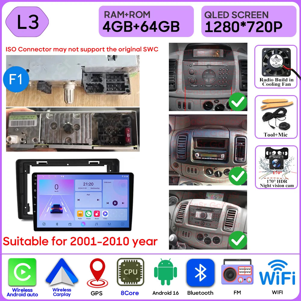 Autoradio Android 16 pour Renault Trafic 2 pour Opel Vivaro A pour Nissan primastar 2001 - 2014 GPS Navigation Carplay Android Auto