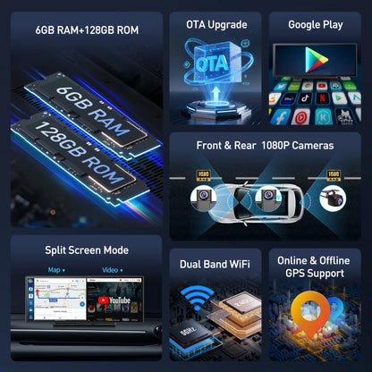Imagebon W70 11.4 "8 Core Android 14 6 + 128G CarPlay et Android Auto Dash Cam GPS WiFi Google Play Youtube Netflix OTA mise à niveau DVR