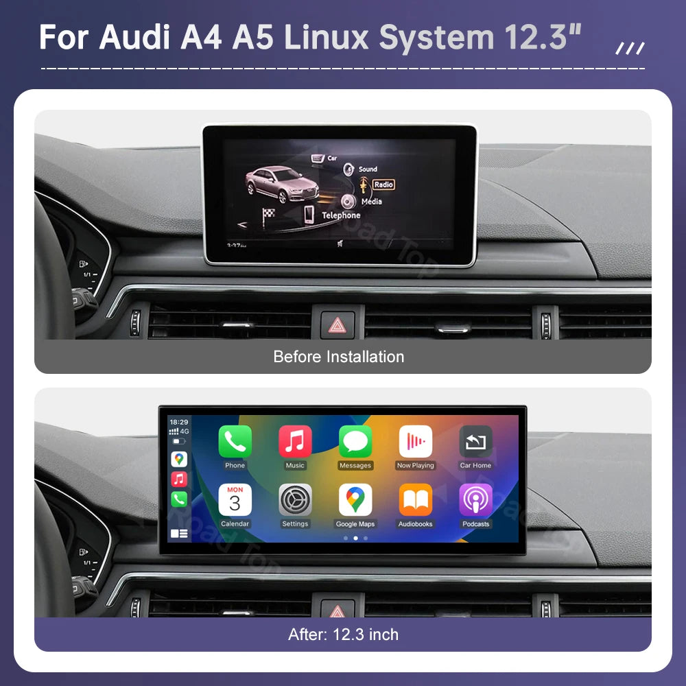 Road Top 12.3'sans fil CarPlay Android Auto écran pour Audi A4 A5 2016-2019 Airplay multimédia autoradio lecteur