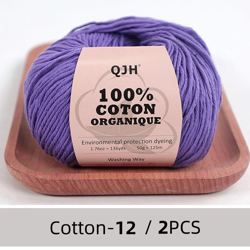 QJH Fil 100% coton biologique, fil pour tricoter, crochet et artisanat, paquet de 2 - 1,76 oz/136 mètres/1 pièce, léger, Dk