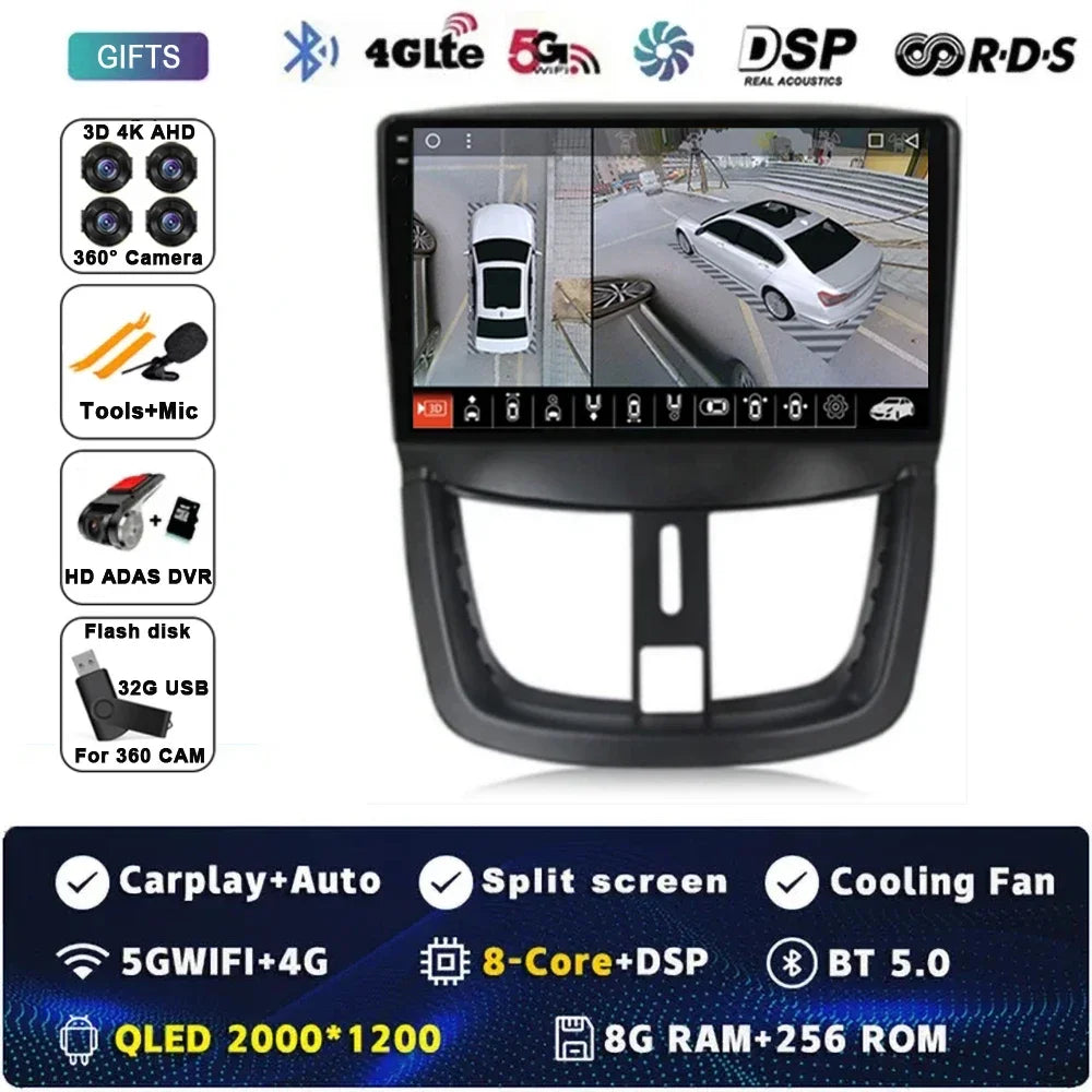 Autoradio Android 15 pour Peugeot 207 CC 207CC 2006 - 2015 sans fil Carplay Android Auto stéréo lecteur multimédia WiFi 4G 2 Din