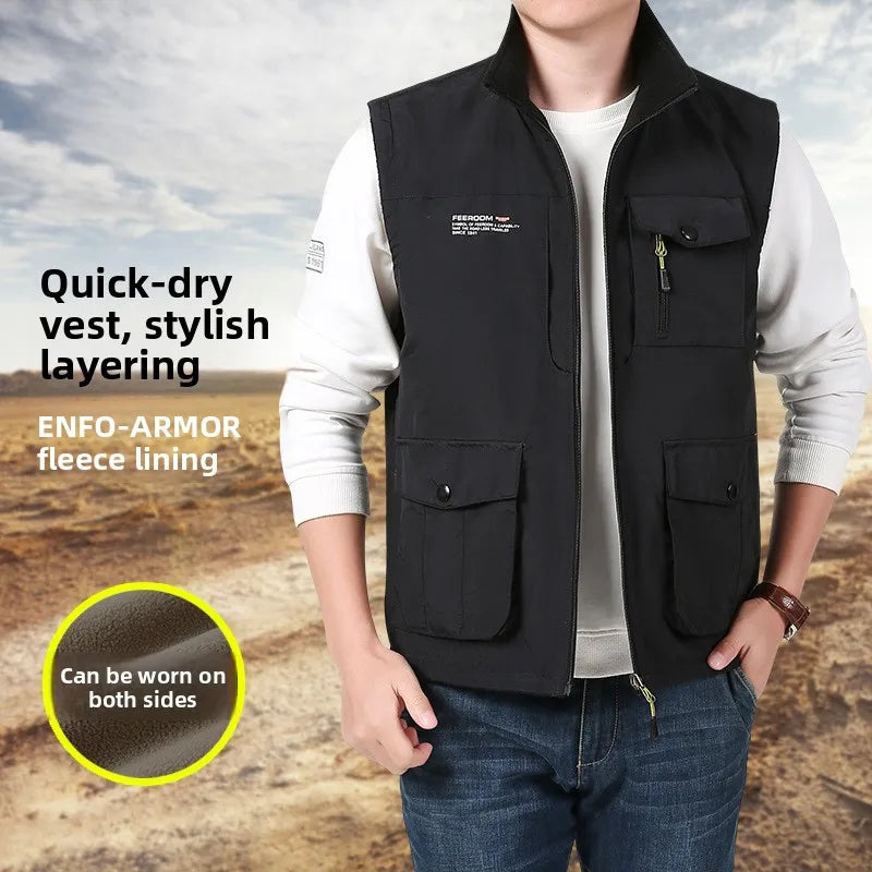 Gilet de sport d'extérieur en polaire épaisse pour homme, réversible, décontracté, coupe ample, fermeture éclair, couleur unie, automne-hiver