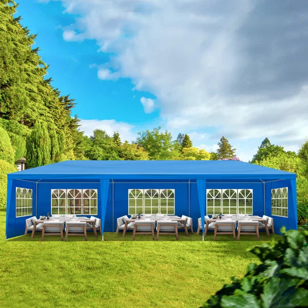 Tente de réception extérieure bleue 10x30 pieds (900x300 cm) en tissu PE imperméable avec structure en acier et 8 parois latérales amovibles avec fenêtres, capacité 50 personnes