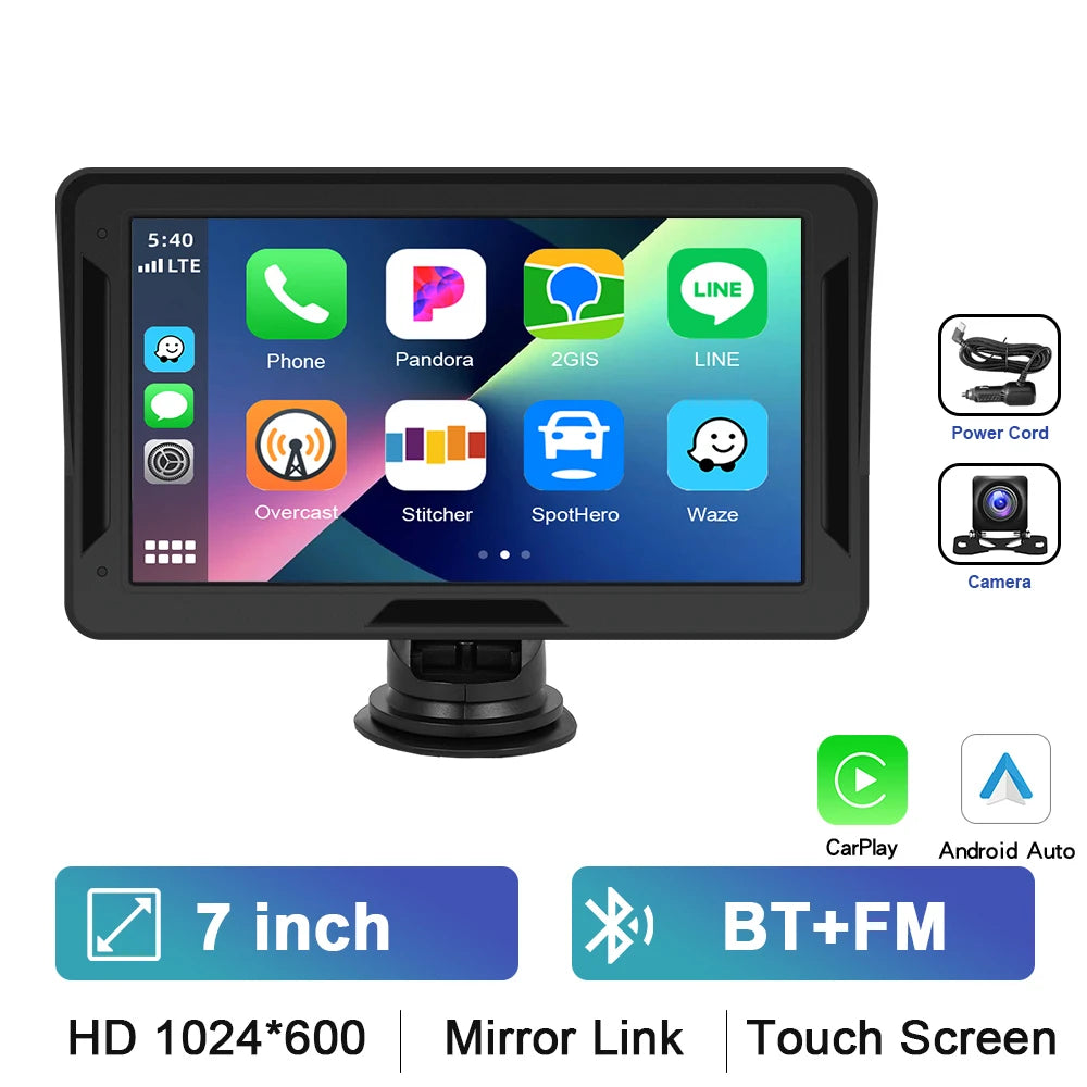 Podofo 7 "portable sans fil Carplay Android Auto écran HD caméra de recul arrière autoradio DVR lecteur vidéo multimédia USB AUX