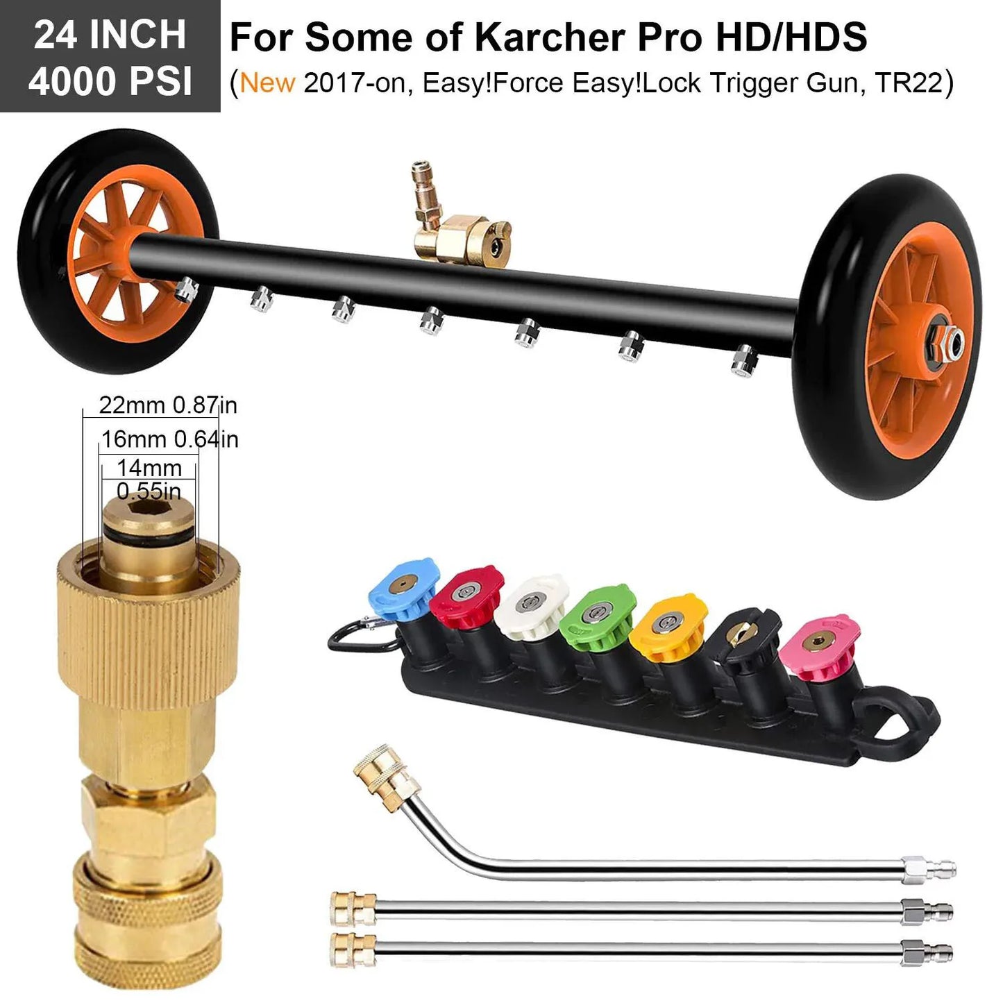 Nettoyeur de surface sous châssis de 24 pouces pour nettoyeur haute pression, balai à eau pour lavage de châssis de voiture, connecteur rapide 1/4 pouce, compatible Karcher Sun Joe