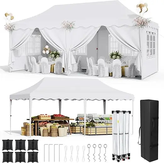 Auvent Pop up de 10 × 20 pieds, grand abri de tente instantanée commerciale pour mariage, abri solaire facile pour fête avec fenêtres et murs latéraux, transport B