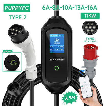 Puppyfc – chargeur EV Portable Type 2, 11kw, 16a, 3 phases, EVSE, charge rapide, prise CEE, WiFi, Bluetooth, télécommande
