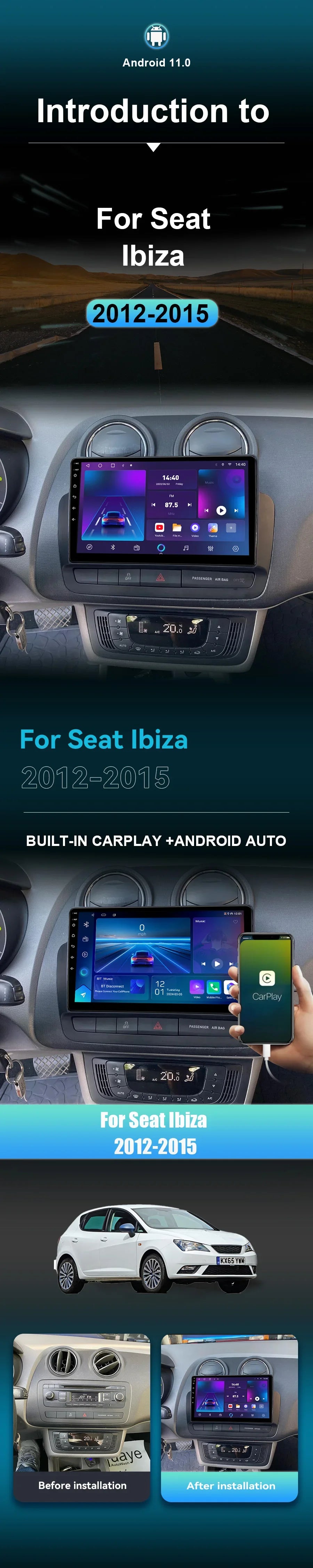 Pour Seat Ibiza 2012 2013 2014 2015 Android Auto Carplay Radio voiture lecteur vidéo multimédia GPS Navigation QLED écran tactile 4G