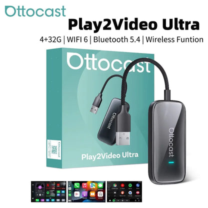 OTTOCAST Play2Video Ultra sans fil CarPlay et Android Auto AI Box intégré YouTube Netflix IPTV Plug & Play pour voiture filaire d'usine