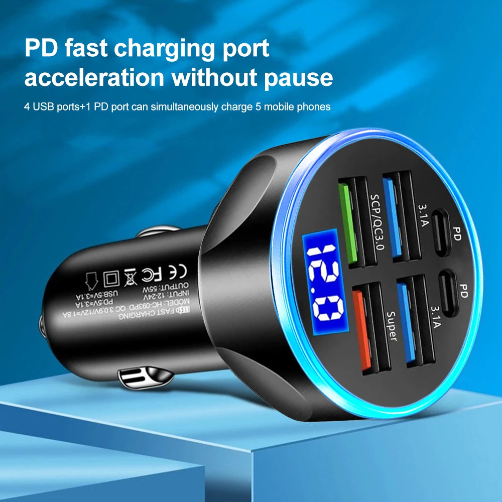 Chargeur de voiture à charge rapide, 66-250W, PD, QC3.0, une à six voitures, prise allume-cigare Laguna, charge flash avec affichage numérique