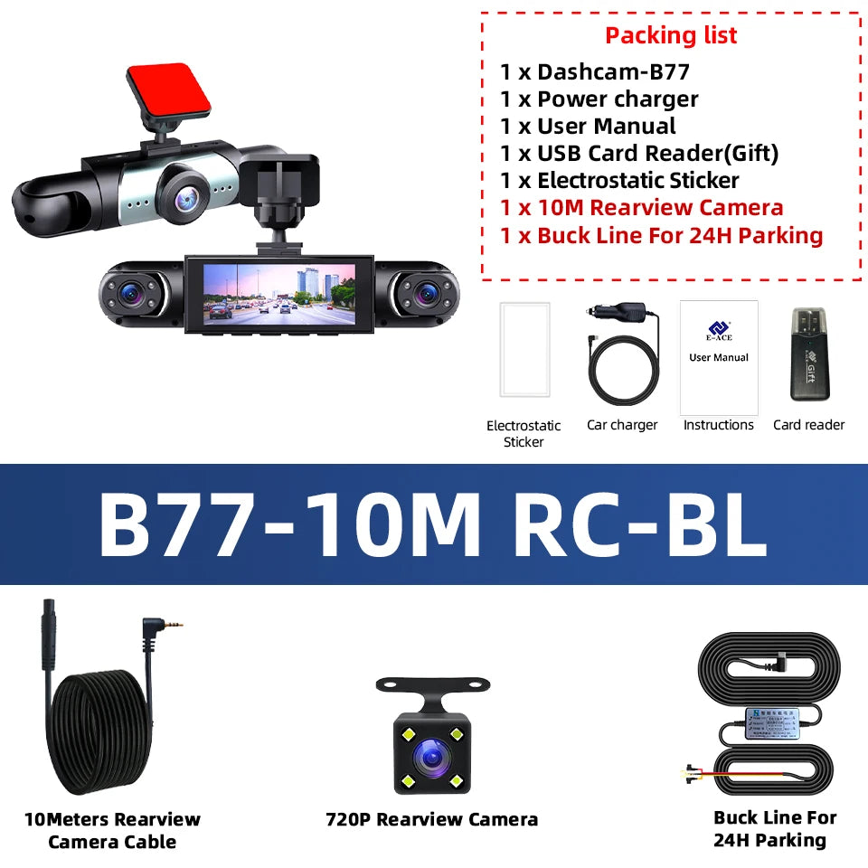 Caméra de tableau de bord à 3 objectifs HD 1080P, enregistrement en boucle, capteur G en option, surveillance à 4 objectifs, enregistreur de conduite 360 °   Angle de vision