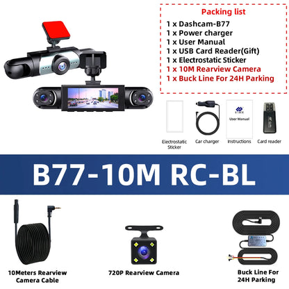 Caméra de tableau de bord à 3 objectifs HD 1080P, enregistrement en boucle, capteur G en option, surveillance à 4 objectifs, enregistreur de conduite 360 °   Angle de vision