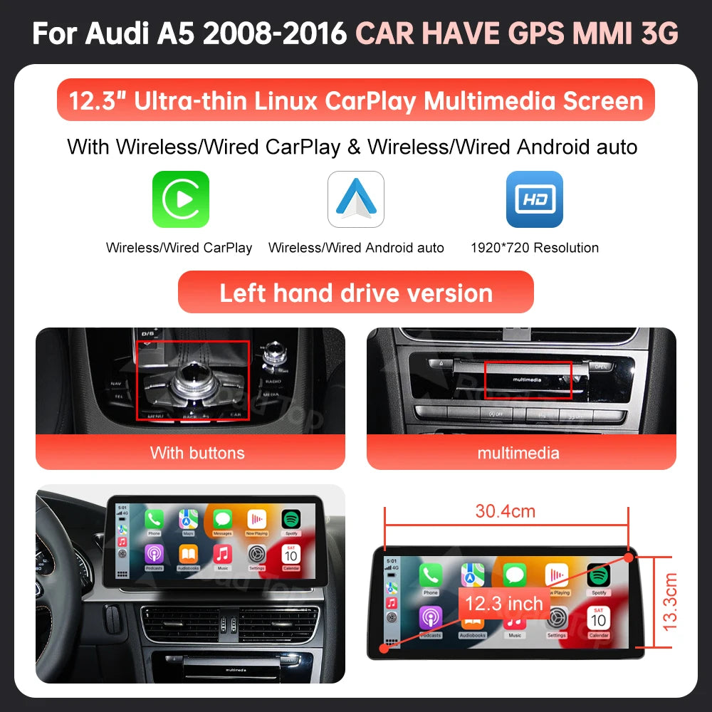 Écran Linux d'affichage multimédia de voiture de 8.9 ''12.3" pour Audi A5 S5 2008-2016 avec Carplay sans fil Android Auto Airplay Autolink
