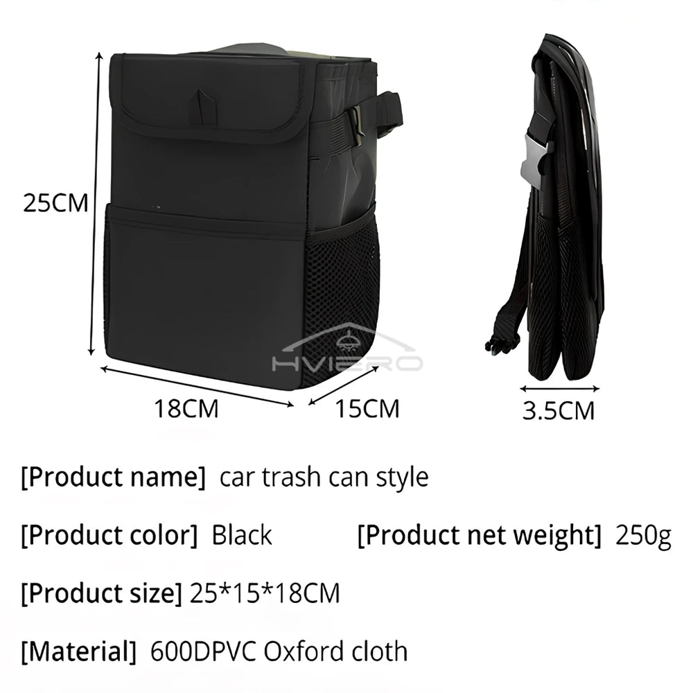 Poubelle avec Couvercle et Poches de Rangement pour Voiture, Étanche, Polyvalente, Noire, 100% Fuite