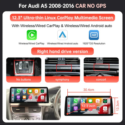 Écran Linux d'affichage multimédia de voiture de 8.9 ''12.3" pour Audi A5 S5 2008-2016 avec Carplay sans fil Android Auto Airplay Autolink