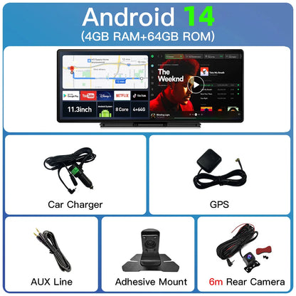 Imagebon 11.3'' 8 cœurs Dashcam Android 14 CarPlay sans fil Android Auto Écran partagé Caméra embarquée intelligente Écran AI Google Play OTA