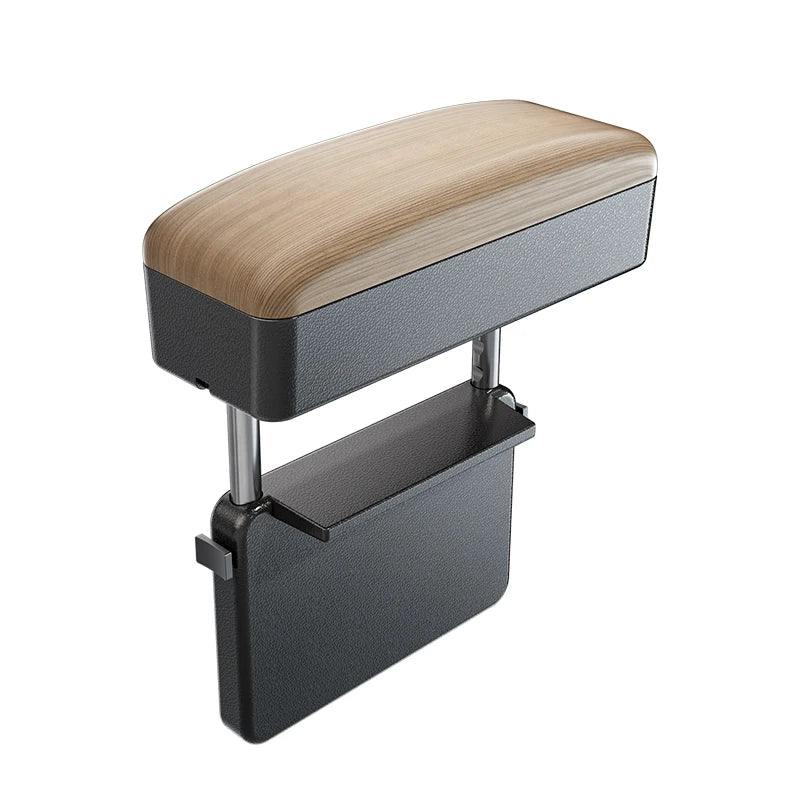 Accoudoir de siège auto - Boîte de rangement réglable pour voiture, en cuir PU motif bois, avec plaque de fixation ABS et piliers de support métalliques