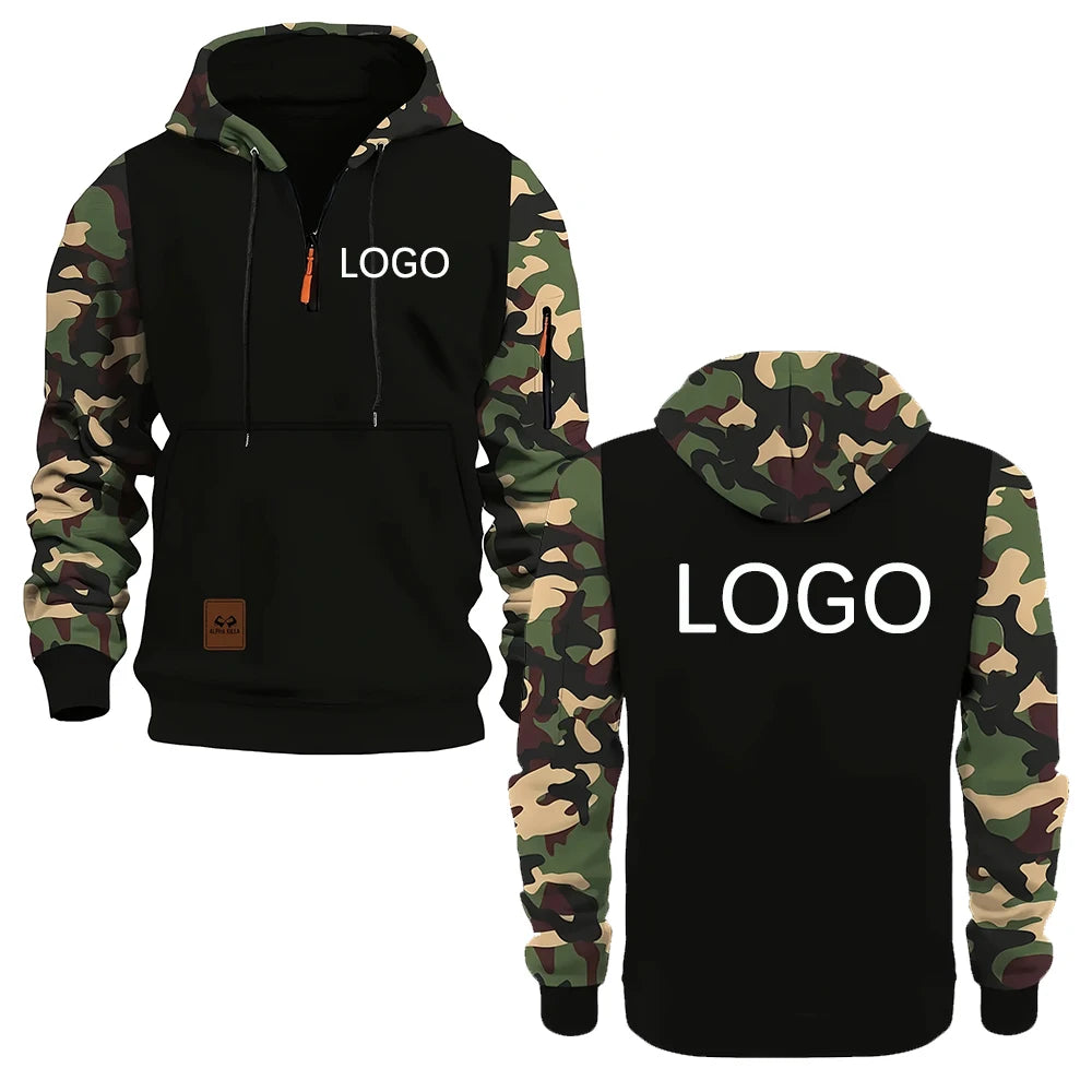 Personnalisez votre logo, sweats à capuche pour hommes, sweat-shirts à panneaux camouflage, embellissements à fermeture éclair tendance, streetwear, cadeaux personnalisés pour hommes