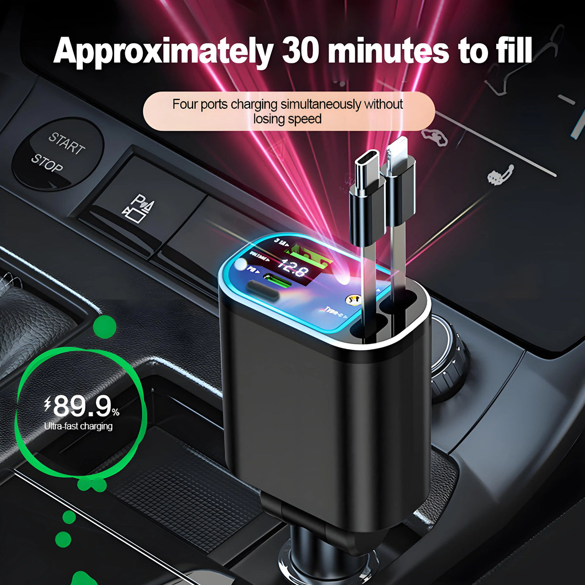 Chargeur de voiture rétractable 120W, avec toit Starlight, câble USB C, chargeur rapide, adaptateur allume-cigare pour IPhone Huawei Samsung