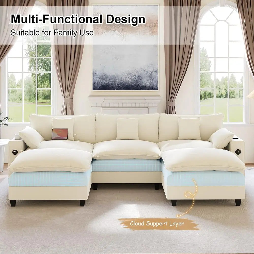 Canapé modulaire 116 sections, canapé nuage en forme de U avec ottoman mobile, canapé nuage en chenille à assise profonde avec station de charge, porte-gobelets