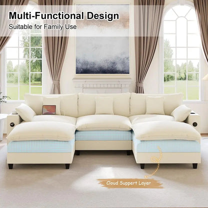 Canapé modulaire 116 sections, canapé nuage en forme de U avec ottoman mobile, canapé nuage en chenille à assise profonde avec station de charge, porte-gobelets