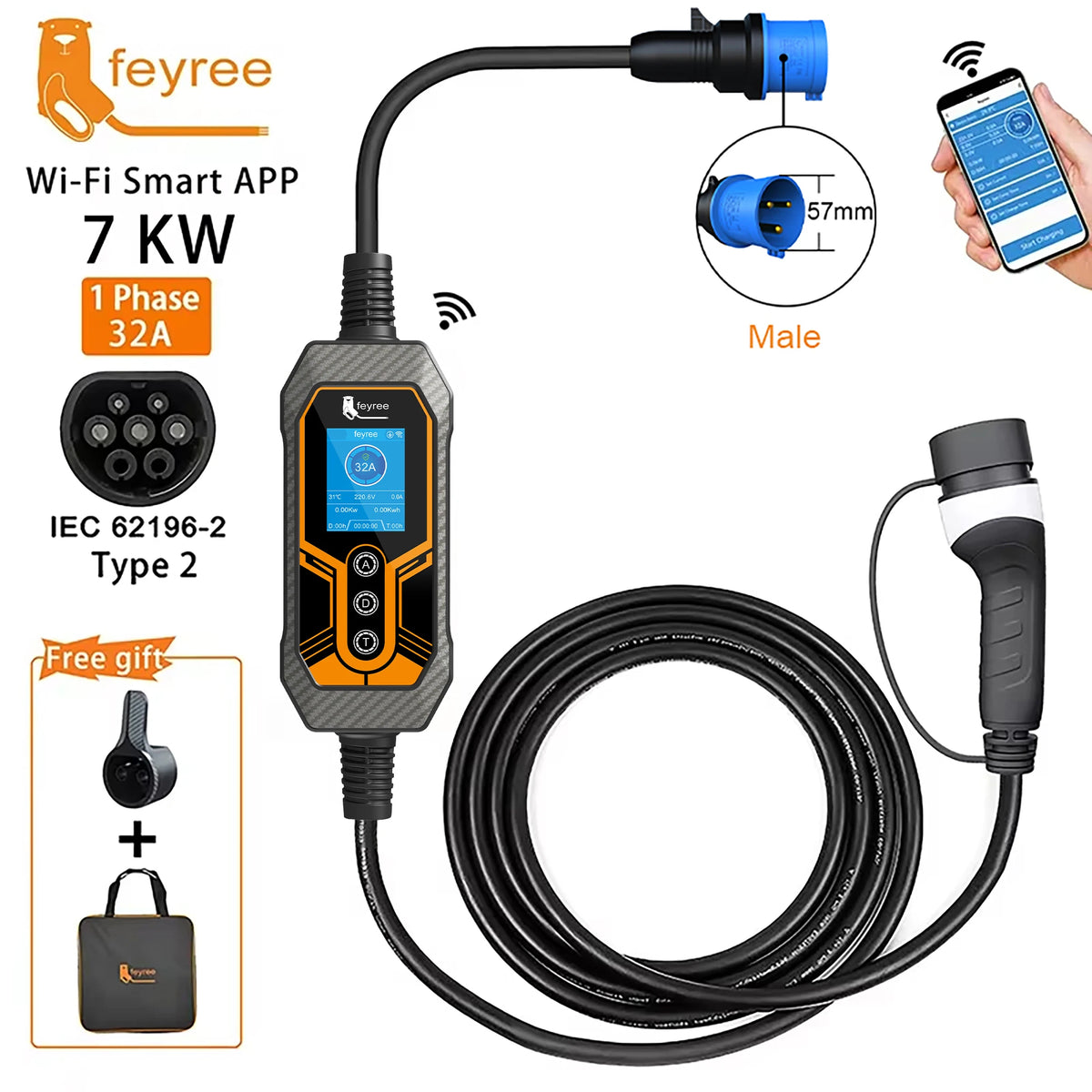 Fey123-Chargeur EV portable Vope2, boîtier mural EVSE, charge de synchronisation intelligente, contrôle du courant réglable, Wi-Fi, maison et extérieur, 32A, 7KW