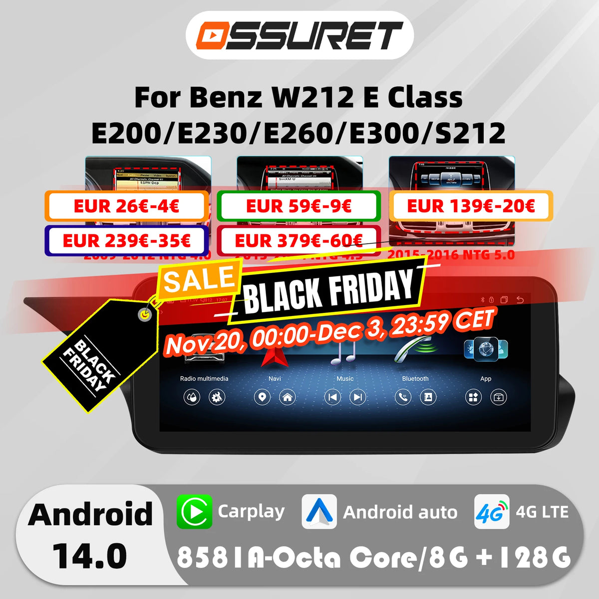 Autoradio Android 13 de 10.25 Pouces avec Lecteur de Limitation 4G Carplay, pour Mercedes Benz W212 Classe E NTG 4.0 4.5 5.0 E200 E230 E260 E300 S212
