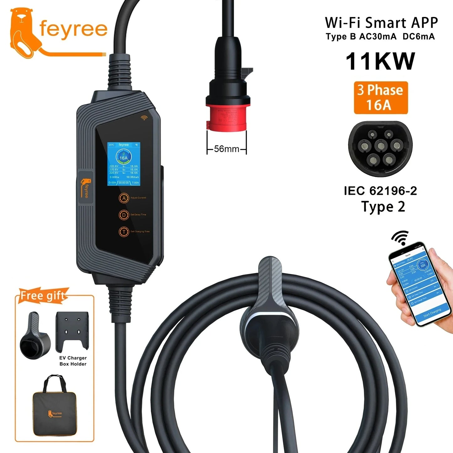 شاحن سيارة كهربائية محمول Feyree Type2 11KW 16A 3 مراحل مع التحكم في تطبيق Wi-Fi صندوق شحن EVSE مقبس CEE للمركبات الكهربائية