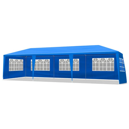 Tente de réception extérieure bleue 10x30 pieds (900x300 cm) en tissu PE imperméable avec structure en acier et 8 parois latérales amovibles avec fenêtres, capacité 50 personnes