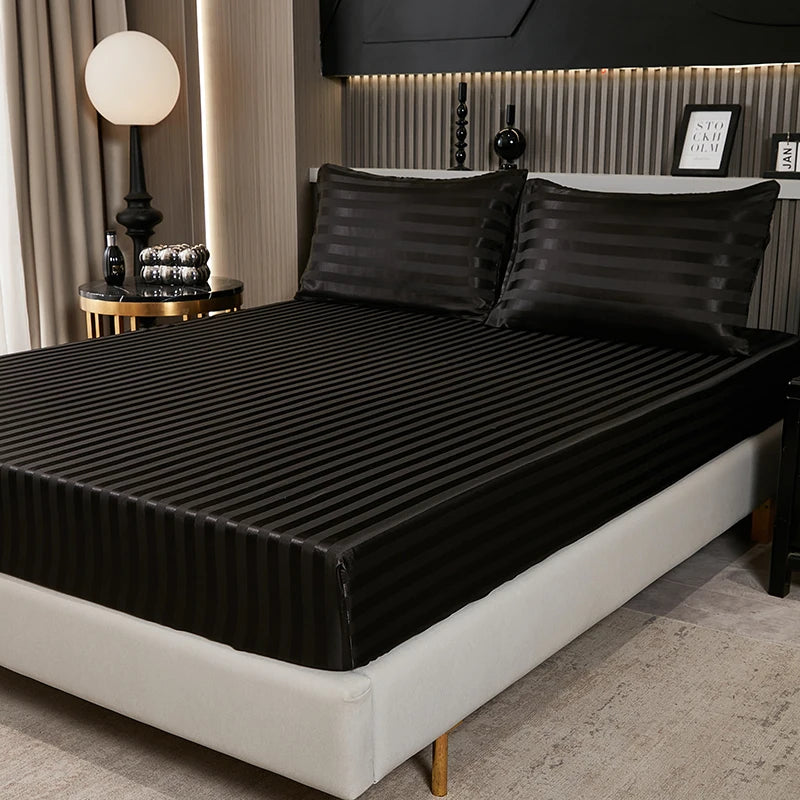 Satin-injFitted-طقم ملاءات سرير كوين، رمادي، ناعم، مبرد، جيب عميق، أطقم مفروشات، مخطط، سادة، غطاء مرتبة