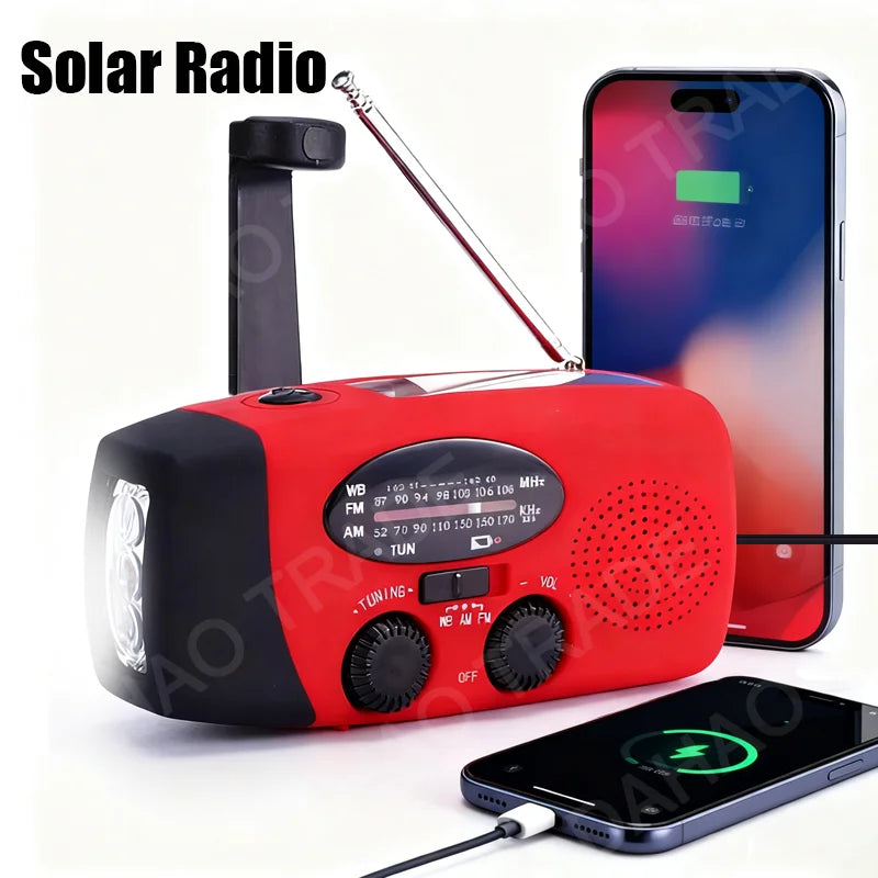 Lampe de Camping solaire alimentée par manivelle, avec Radio AM/FM, pour l'extérieur, chargeur USB, lampe de poche multifonctionnelle à Dynamo LED, 2000mAh