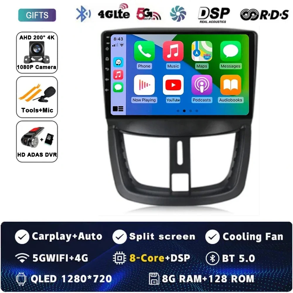 Autoradio Android 15 pour Peugeot 207 CC 207CC 2006 - 2015 sans fil Carplay Android Auto stéréo lecteur multimédia WiFi 4G 2 Din