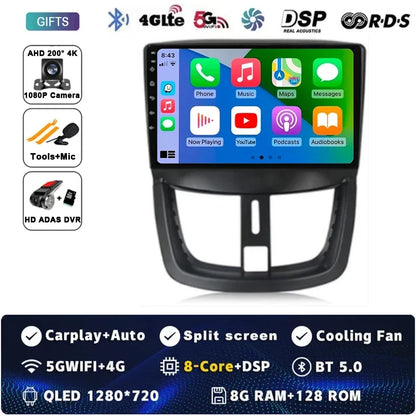 Autoradio Android 15 pour Peugeot 207 CC 207CC 2006 - 2015 sans fil Carplay Android Auto stéréo lecteur multimédia WiFi 4G 2 Din