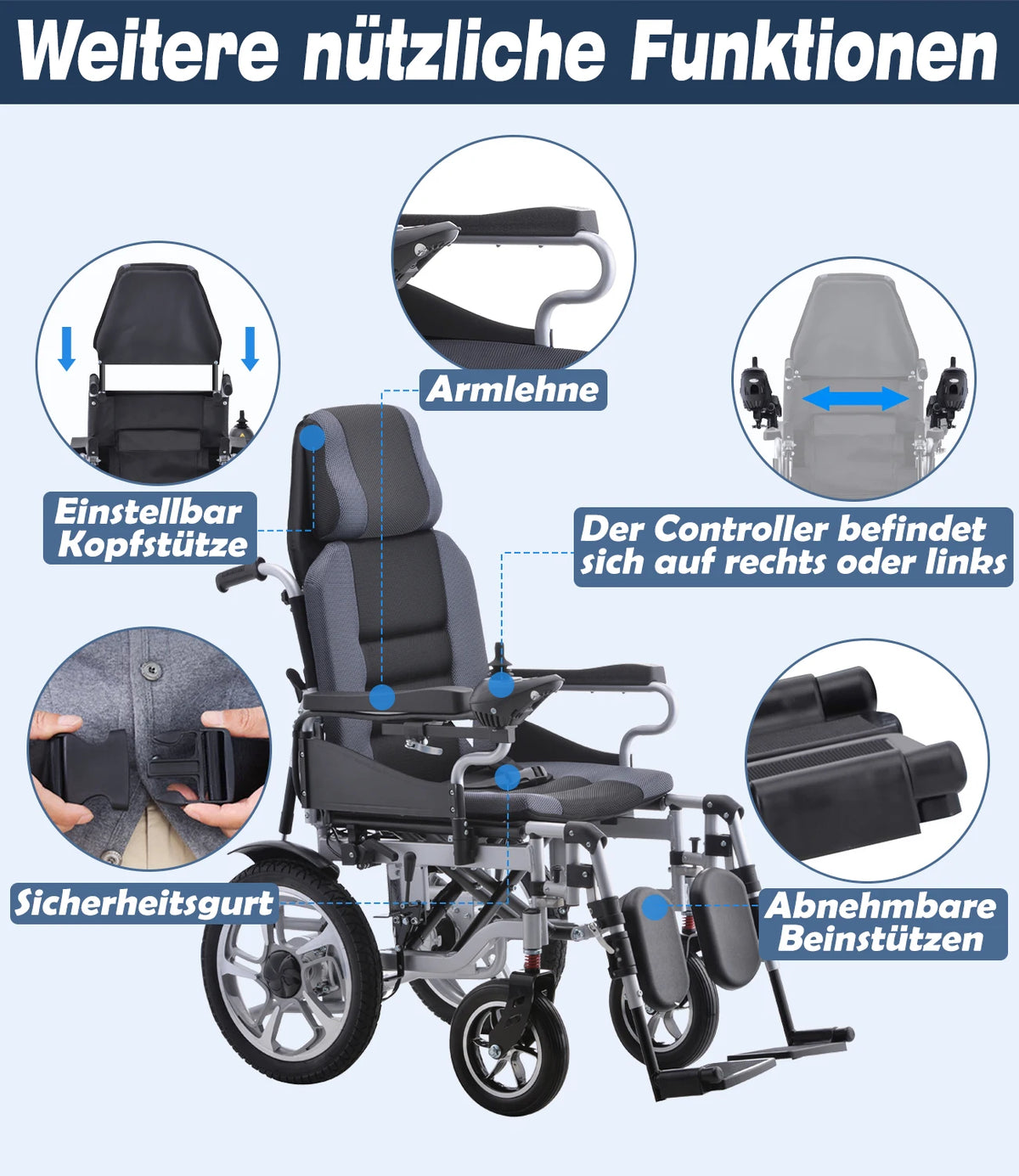 Fauteuil roulant électrique 500W, 20AH, pliable, inclinable, capacité de poids de 150KG, portée de 22KM, conception ergonomique