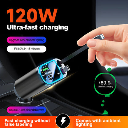 Chargeur de voiture rétractable 120W, avec toit Starlight, câble USB C, chargeur rapide, adaptateur allume-cigare pour IPhone Huawei Samsung