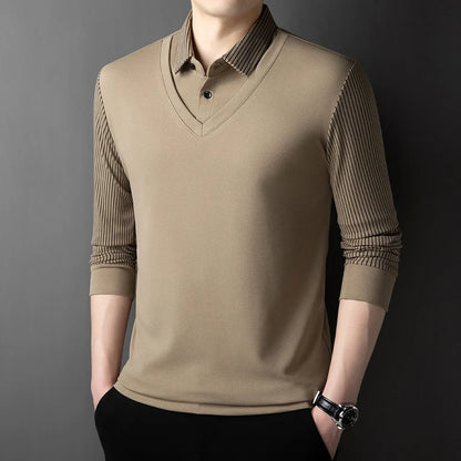 Polo à manches longues pour hommes, décontracté et à la mode, couleur unie, faux deux pièces, Business, toutes saisons, haut polyvalent, nouvelle collection 2025