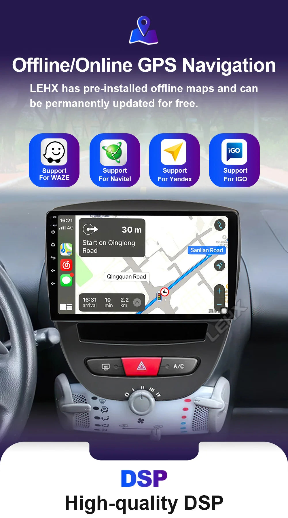 LEHX-Autoradio L6 Pro, Android 14, 2 Din, Stéréo, CarPlay, Limitation de Courant, GPS, pour Voiture KIT 107, Toyota Aygo, Cristaux en C1 (2005-2014)