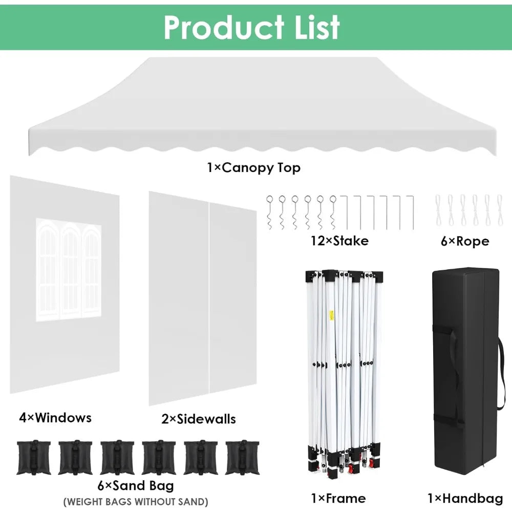 Auvent Pop up de 10 × 20 pieds, grand abri de tente instantanée commerciale pour mariage, abri solaire facile pour fête avec fenêtres et murs latéraux, transport B