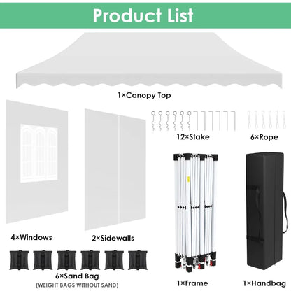 Auvent Pop up de 10 × 20 pieds, grand abri de tente instantanée commerciale pour mariage, abri solaire facile pour fête avec fenêtres et murs latéraux, transport B
