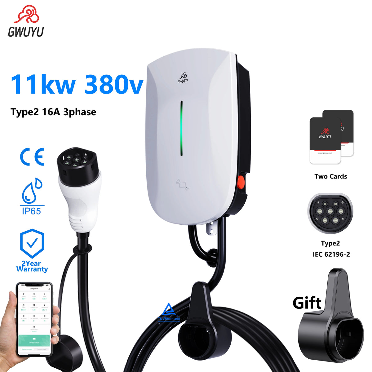 GWUYU Wallbox EV chargeur Type2 32A 7KW 16A 11KW 32A 22KW Station de recharge de véhicule électrique triphasé 5m câble prise en charge du contrôle par application