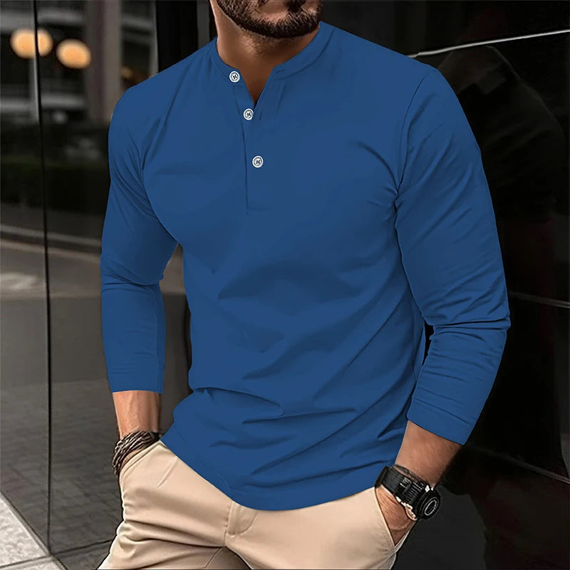 تي شيرت بولو رجالي صيفي 2025 بأكمام طويلة وياقة هنري، كاجوال ومسامي ومريح، تي شيرت بولو سادة عالي الجودة للرجال، شحن مباشر