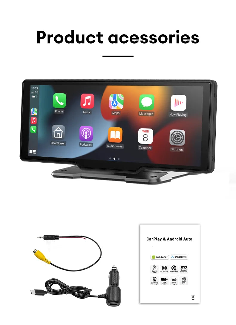 راديو سيارة لاسلكي يدعم CarPlay و Android Auto، مشغل مرآة محمول عالمي، صوت بلوتوث، ستريو AUX، يدعم Apple أو Android، مقاس 10.26 بوصة