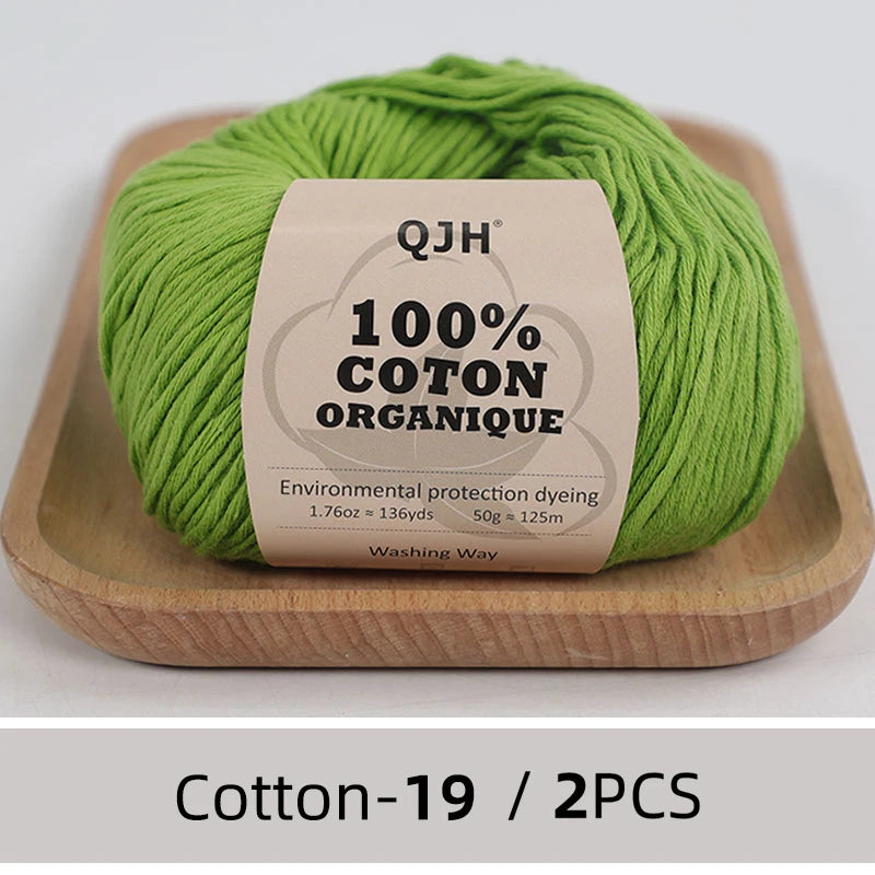 QJH Fil 100% coton biologique, fil pour tricoter, crochet et artisanat, paquet de 2 - 1,76 oz/136 mètres/1 pièce, léger, Dk