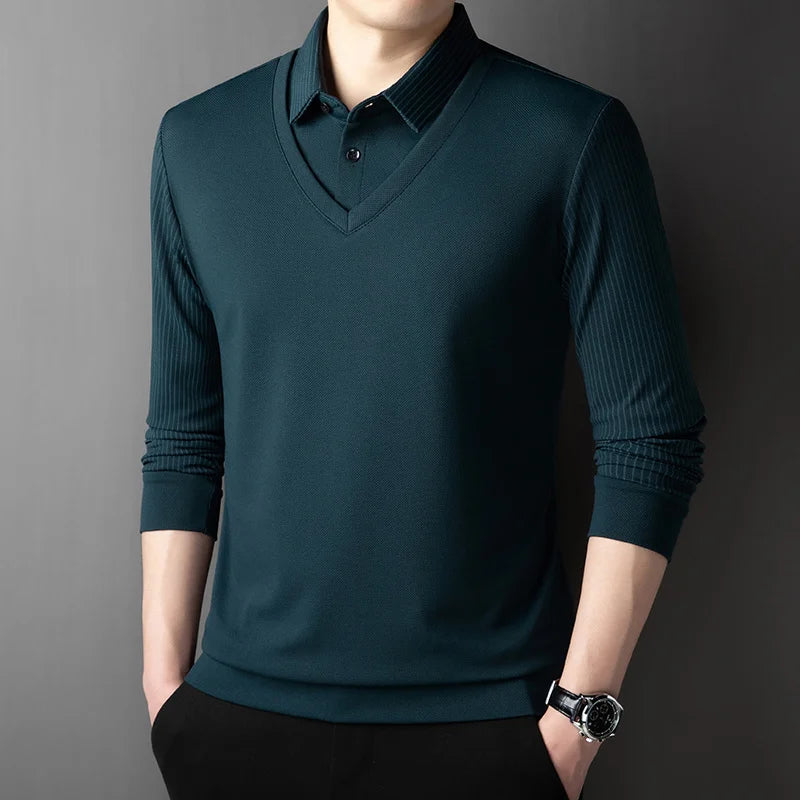 Polo à manches longues pour hommes, décontracté et à la mode, couleur unie, faux deux pièces, Business, toutes saisons, haut polyvalent, nouvelle collection 2025